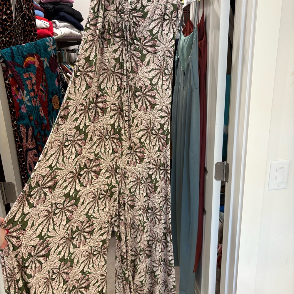Anthropologie Floral Green and White Jumpsuit